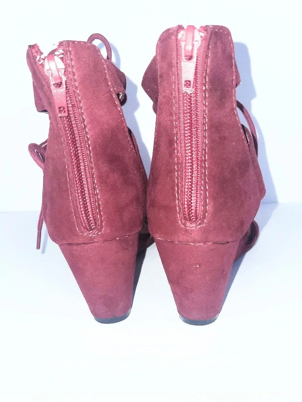 Charlotte Russe Burgundy Vegan Suede Lace Up Open Wedge Heel Size 9